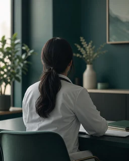 진료 데스크 앞에 앉은 의료진 뒷모습 — 얼굴 식별 없는 분위기 컷